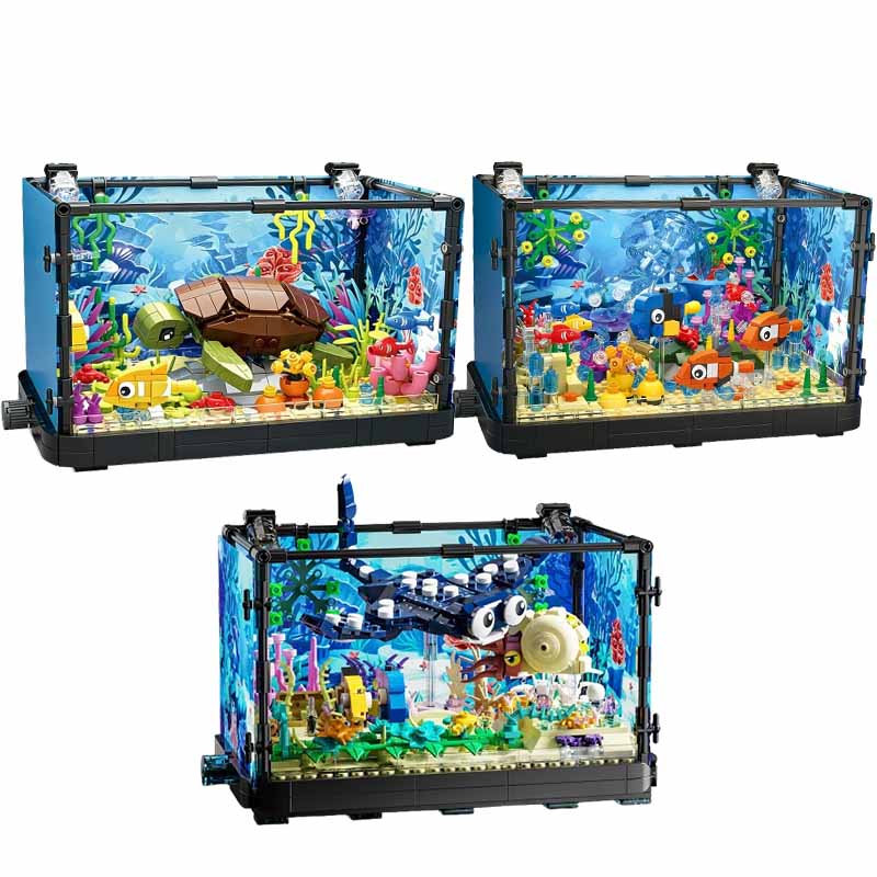 Aquarium Marine Fishes - ชุดบล็อกตัวต่อตู้ปลาพร้อมไฟ，ตู้ปลา，เต่าทะเล，ของเล่นตัวต่อสำหรับเด็กอายุ 14 ปีขึ้นไป，ของขวัญ，ของตกแต่งบ้าน